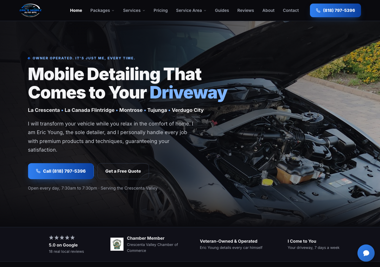 The live ericsmobileautospa.com homepage built by Arbor
